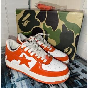 A Bathing Ape BAPE STA Low Orange White Patent Leather Sneakers Size 10 w/ Box